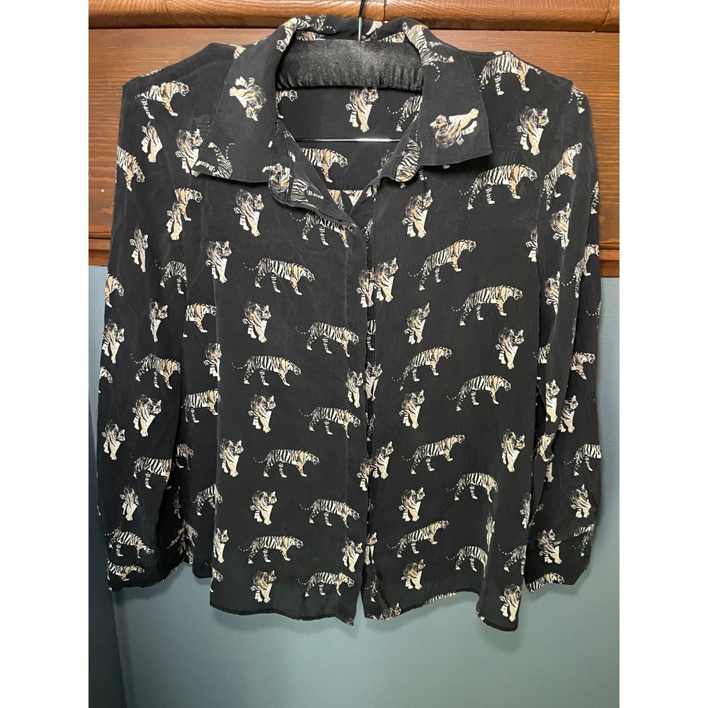 Alice + Olivia Black Tiger Print Silk Blend Button Down Blouse Top Size 0